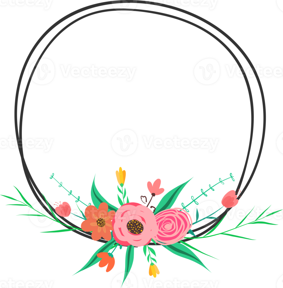 Doodle botanical circle frame on transparent background. png