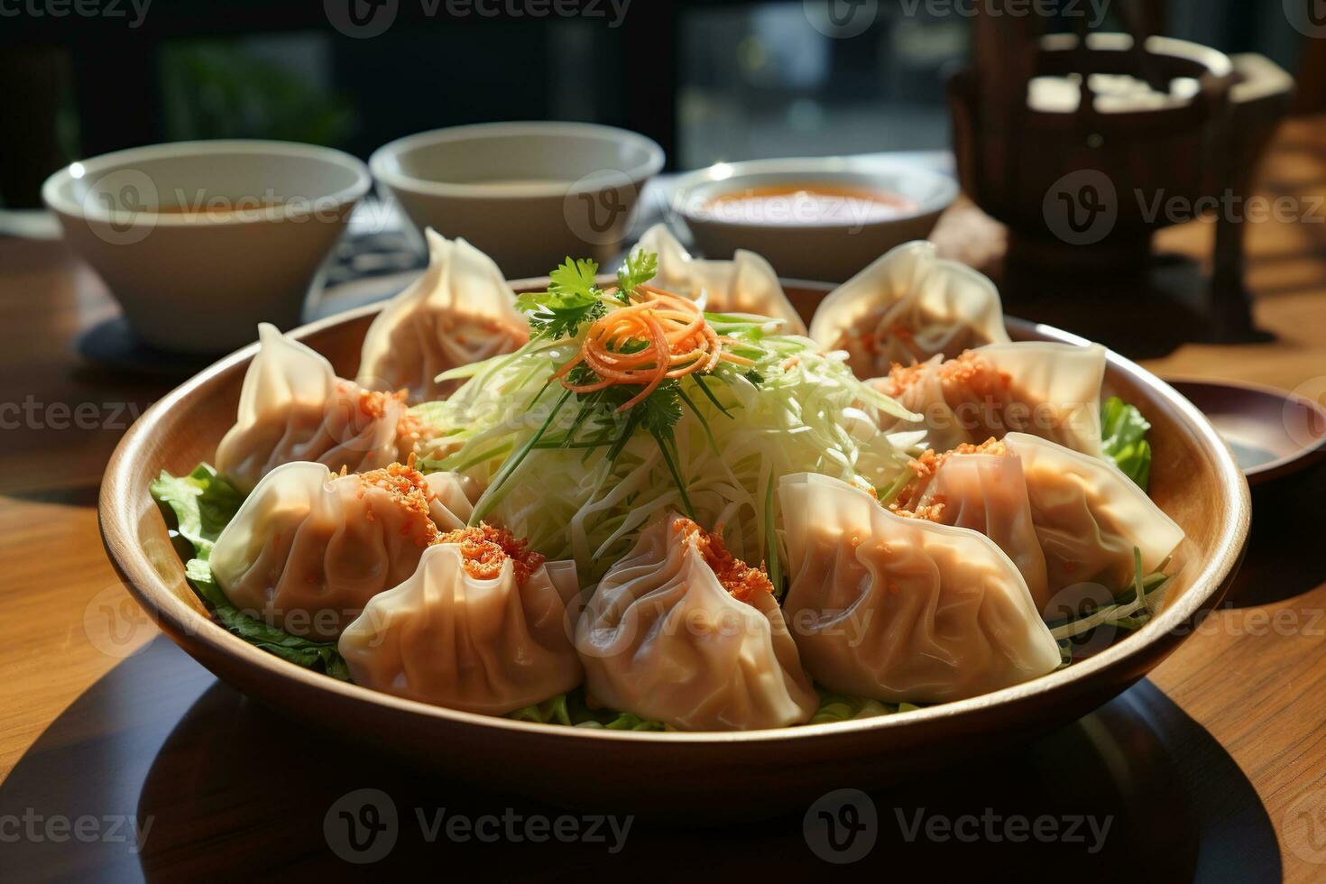 Plate with hot juicy khinkali. AI Generated photo