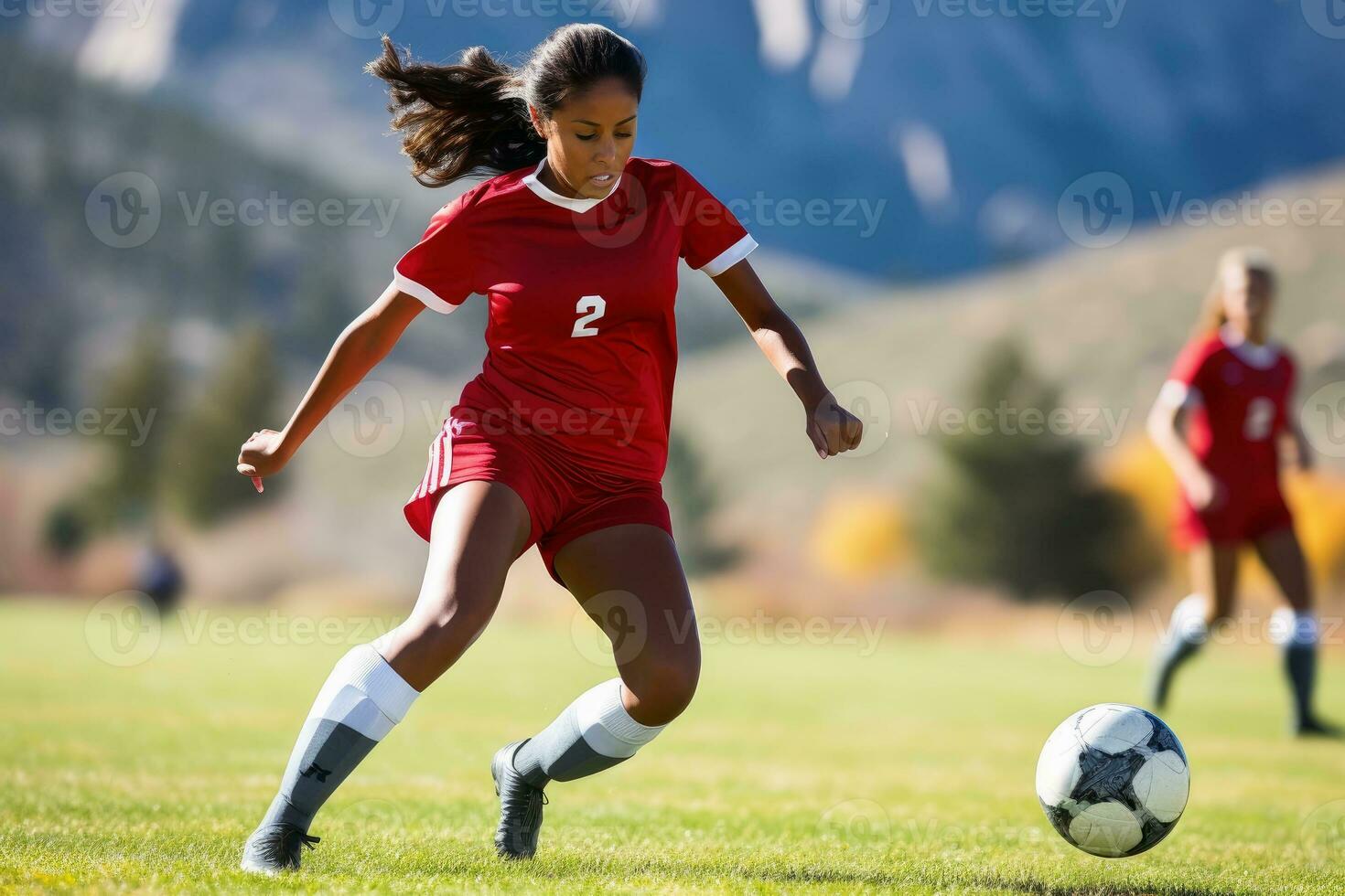 A female soccer player kicking the ball.AI generative photo