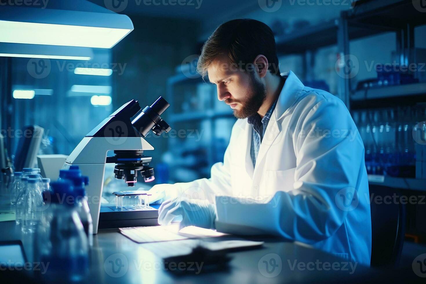 un científico trabajos con un microscopio en un laboratorio.ai generativo foto