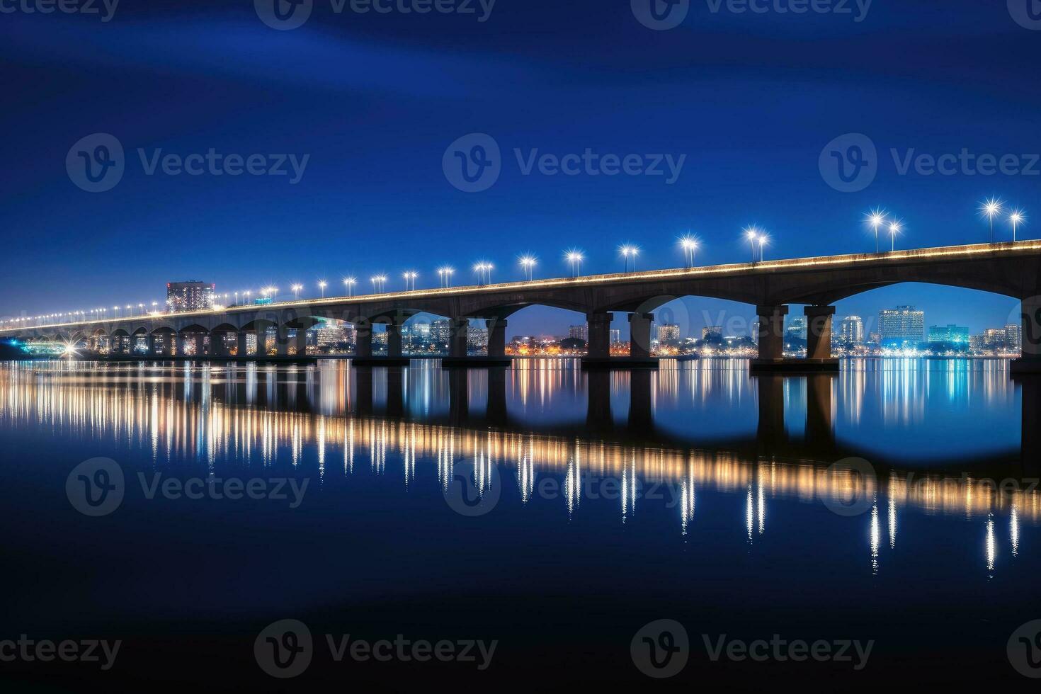 A low angle nightshot of a bridge with a skyline in the background.AI generative photo