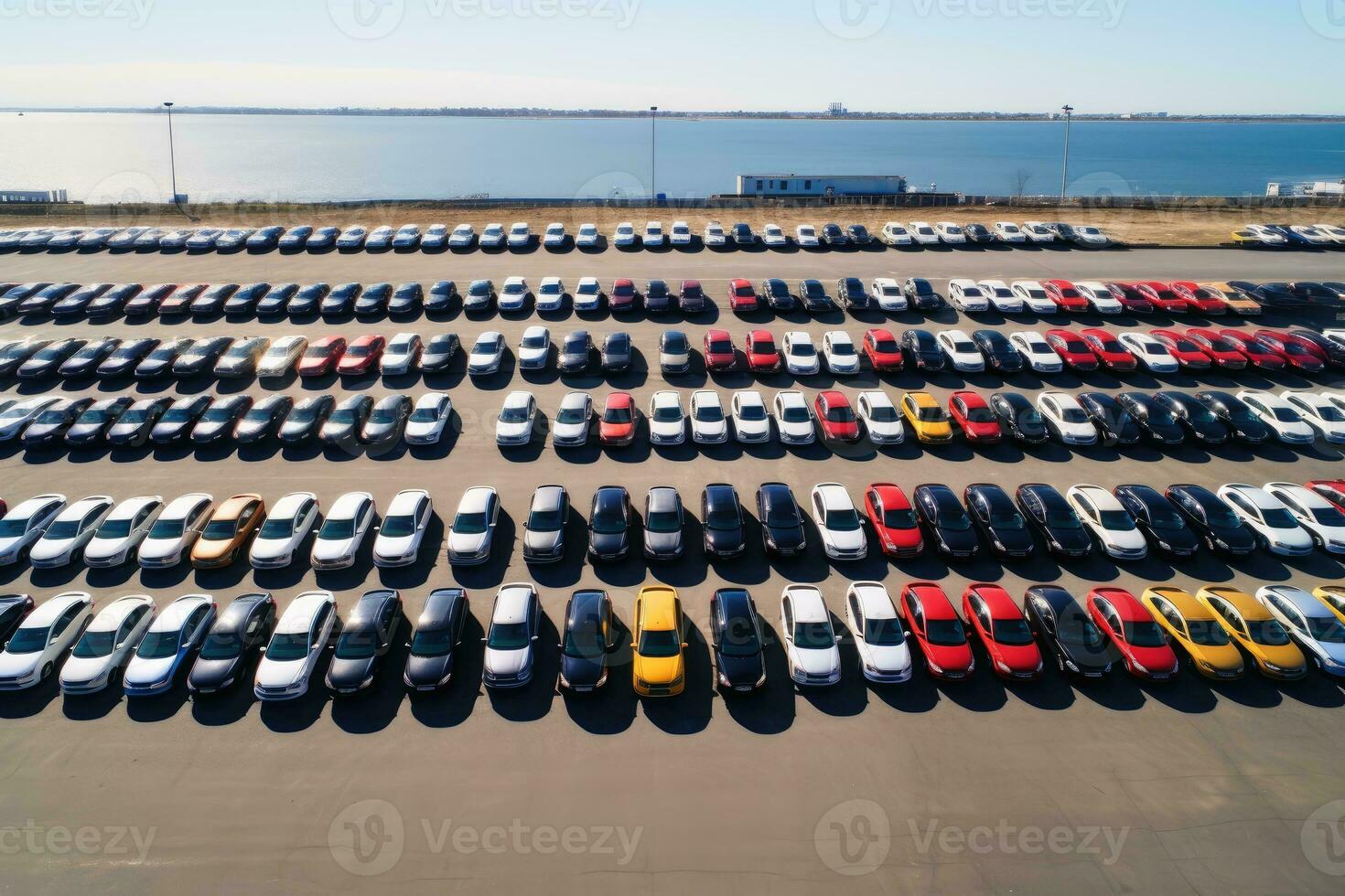 Aerial view of many new cars at a port.AI generative photo
