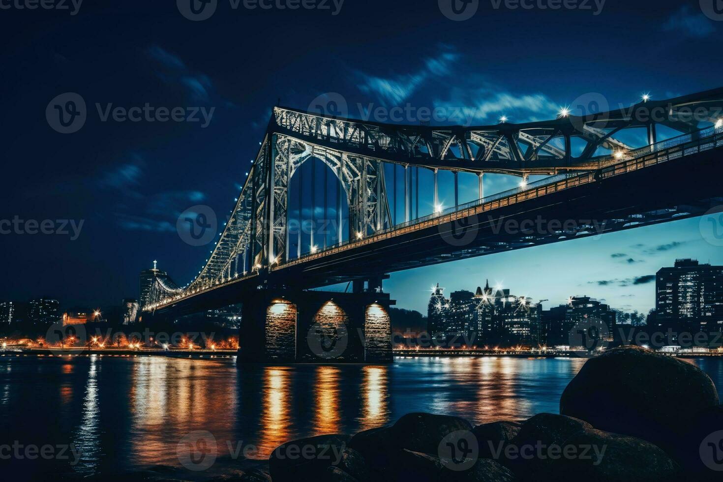 A low angle nightshot of a bridge with a skyline in the background.AI generative photo