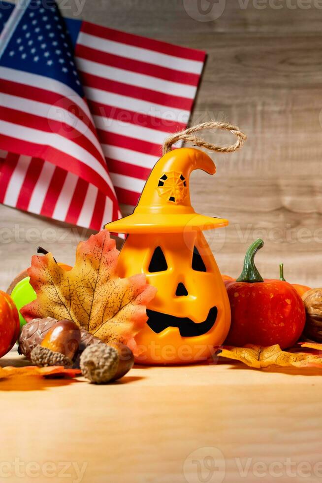 Close up of carved halloween pumpkins on table. photo