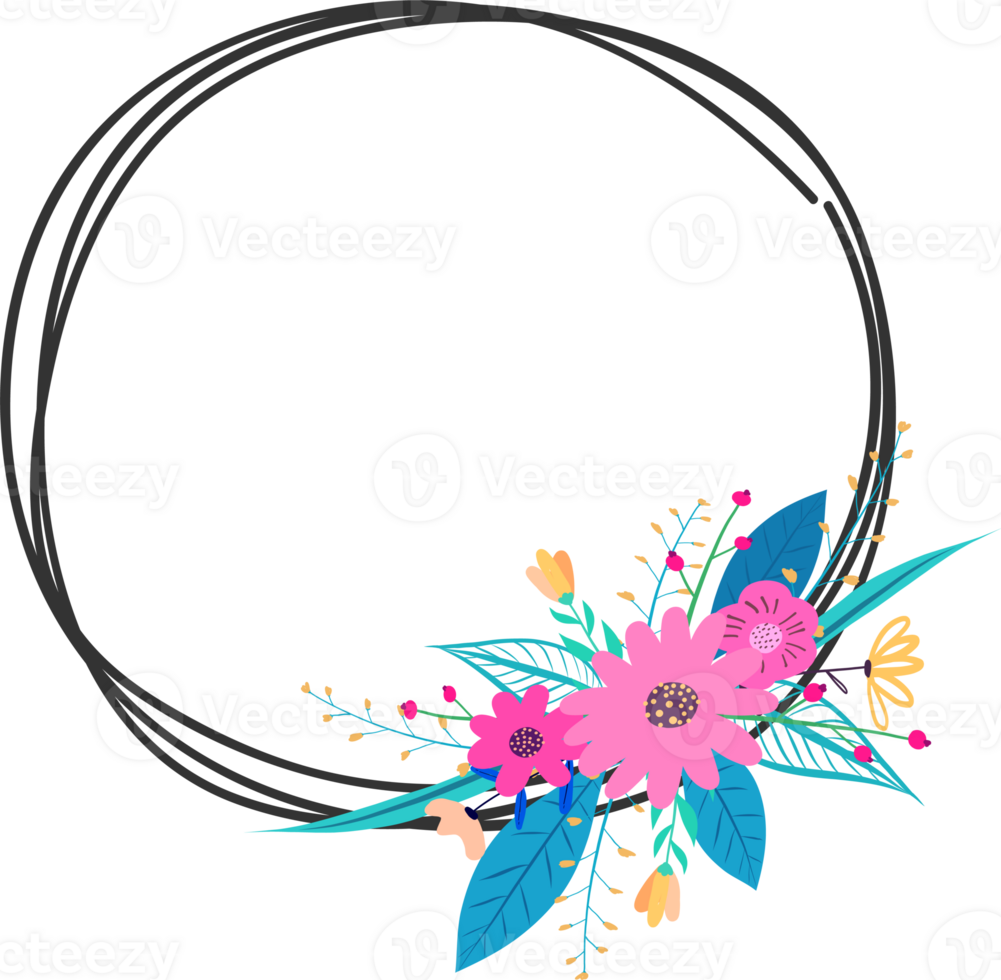Doodle botanical circle frame on transparent background. png