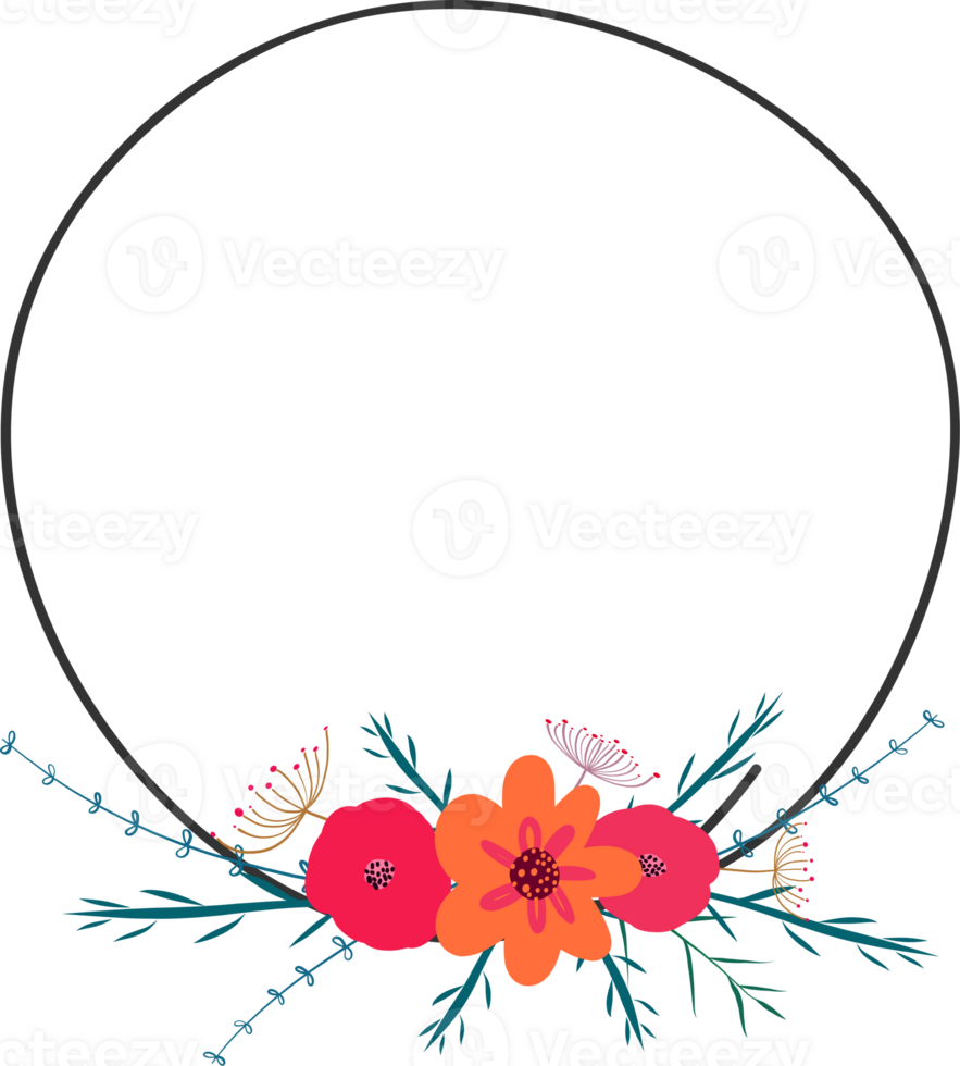 Doodle botanical circle frame on transparent background. png