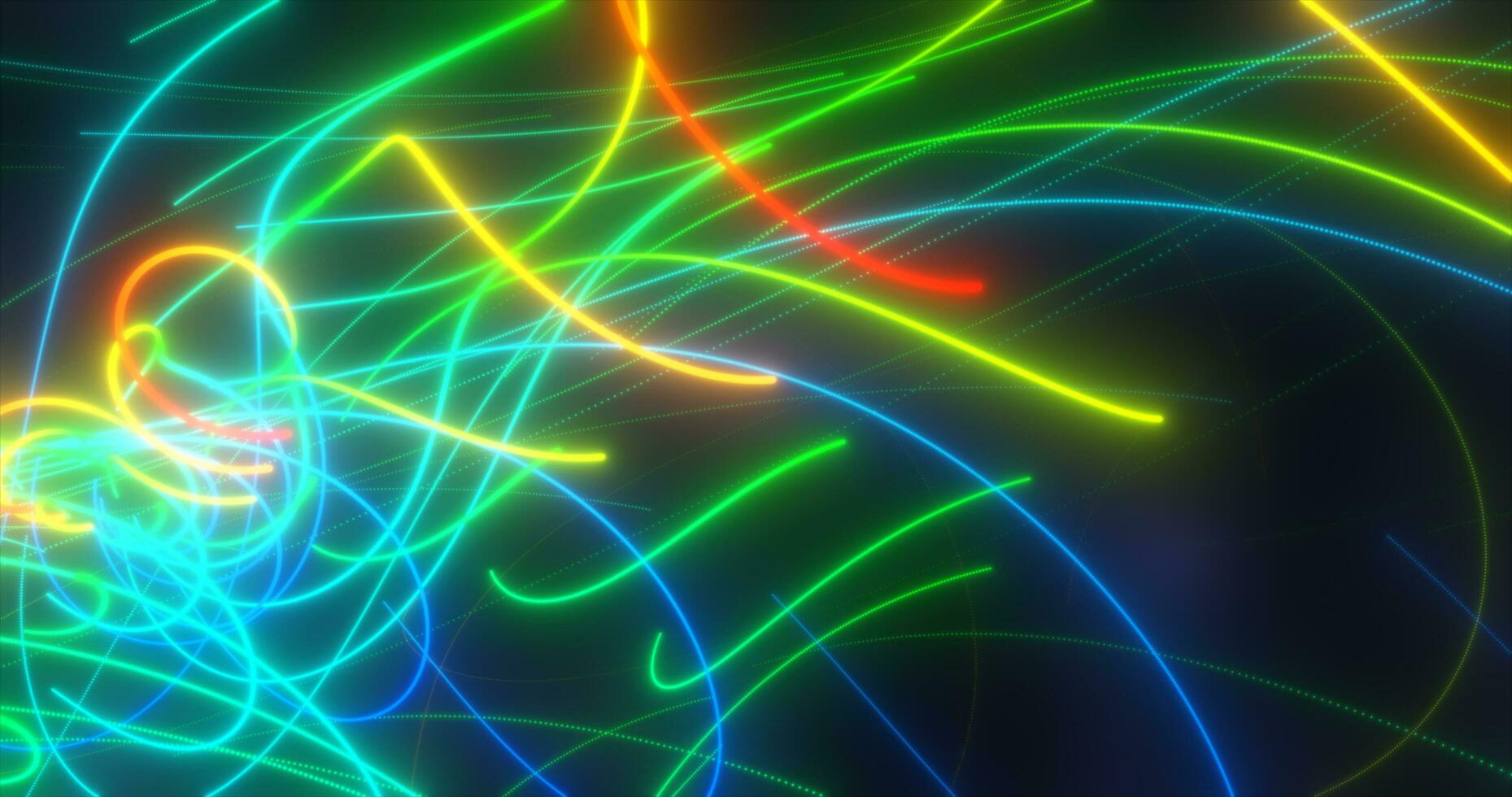 Abstract multi-colored rainbow neon energy laser lines flying on a black background photo