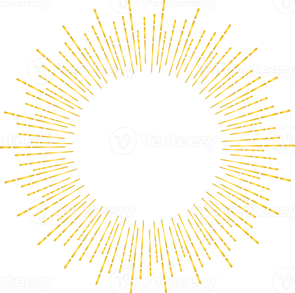 Golden sunburst doodle line art on transparent background. png
