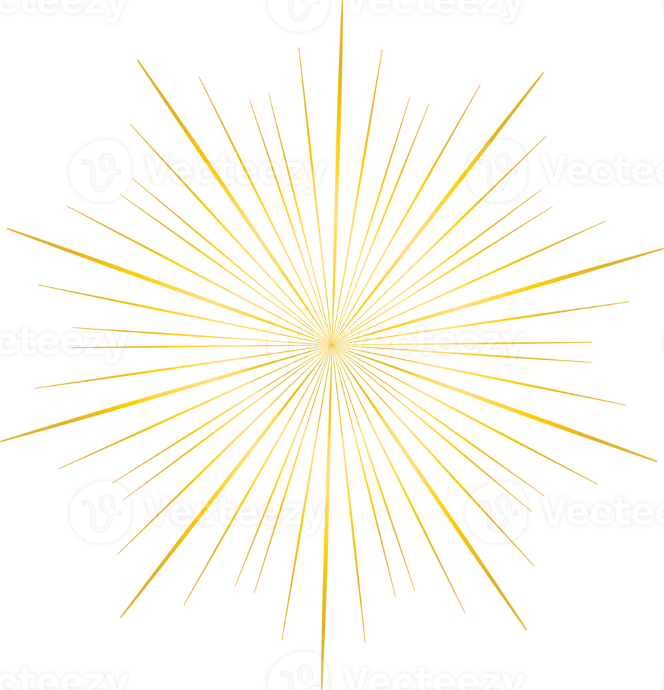 Golden sunburst doodle line art on transparent background. png