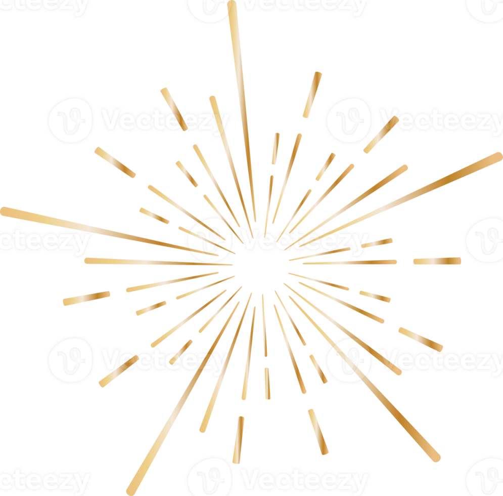 Golden sunburst doodle line art on transparent background. png