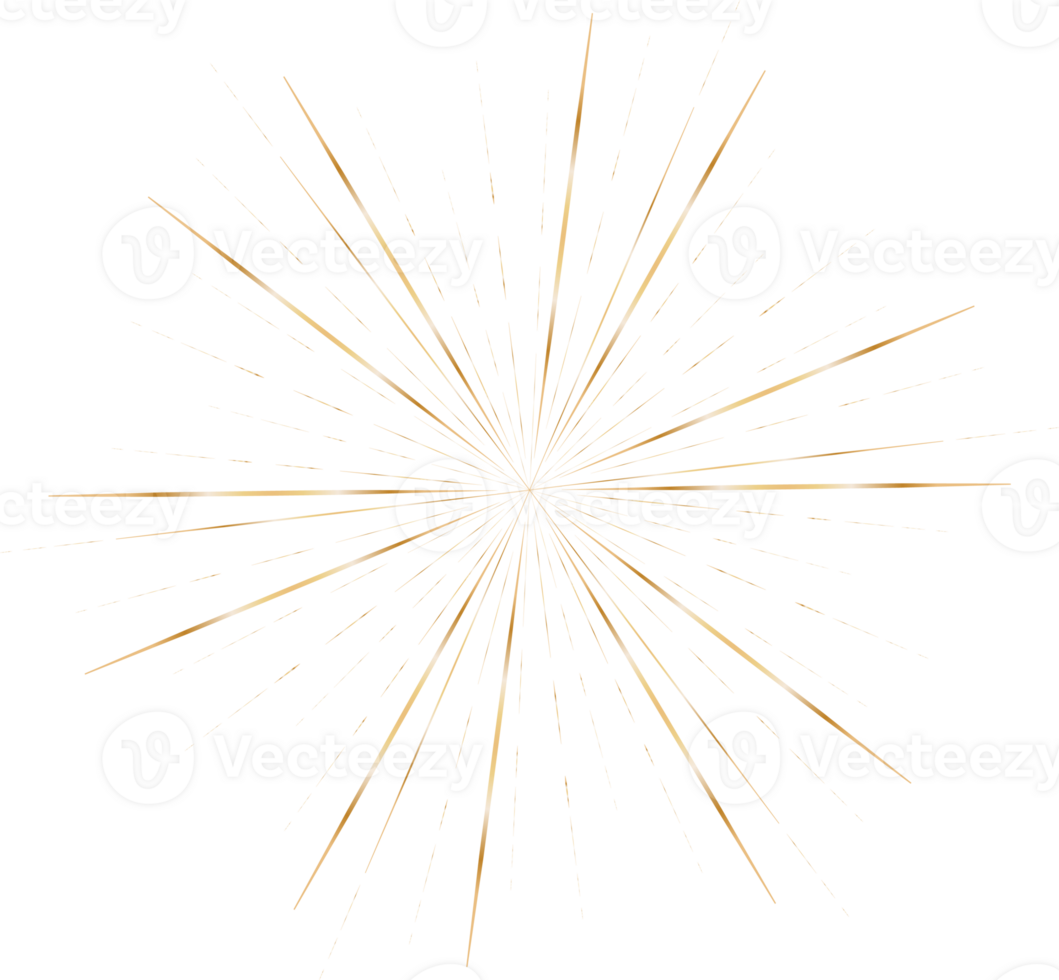 Golden sunburst doodle line art on transparent background. png