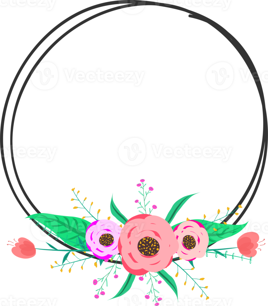 Doodle botanical circle frame on transparent background. png