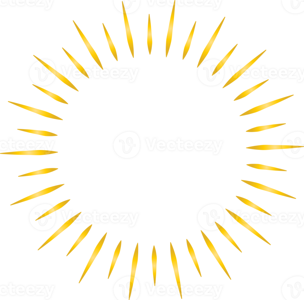 Golden sunburst doodle line art on transparent background. png