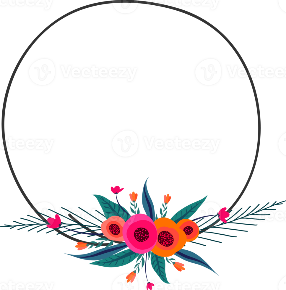 Doodle botanical circle frame on transparent background. png