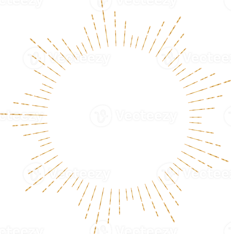 Golden sunburst doodle line art on transparent background. png