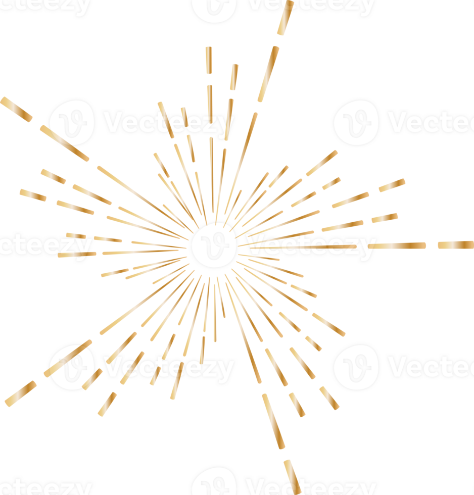 Golden sunburst doodle line art on transparent background. png