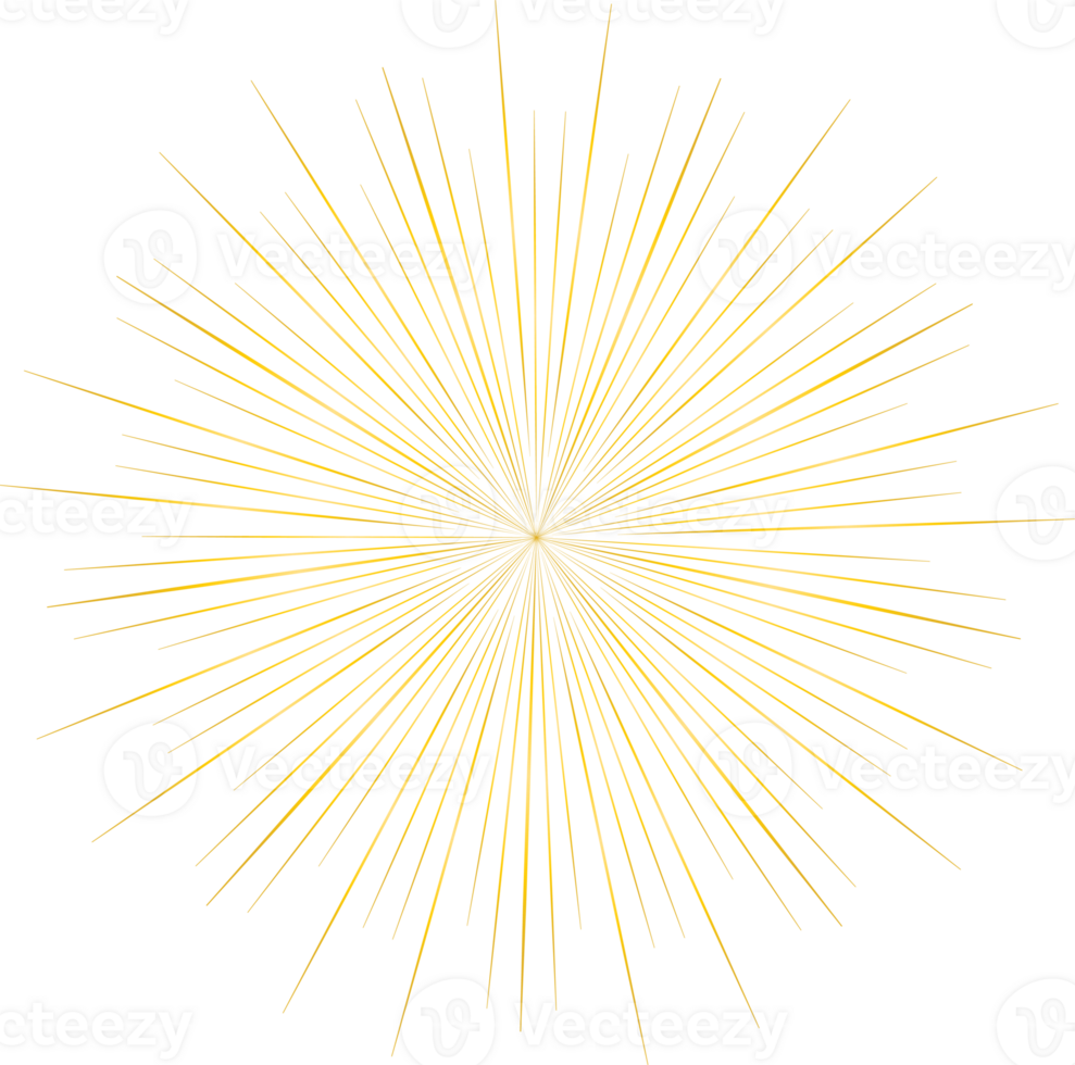 Golden sunburst doodle line art on transparent background. png