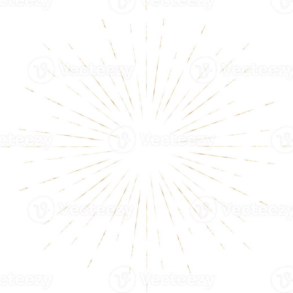 Golden sunburst doodle line art on transparent background. png
