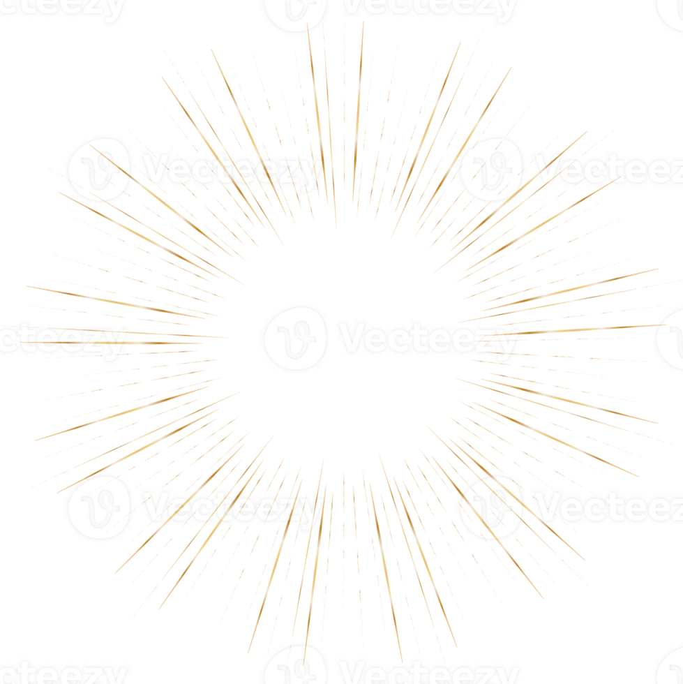 Golden sunburst doodle line art on transparent background. png