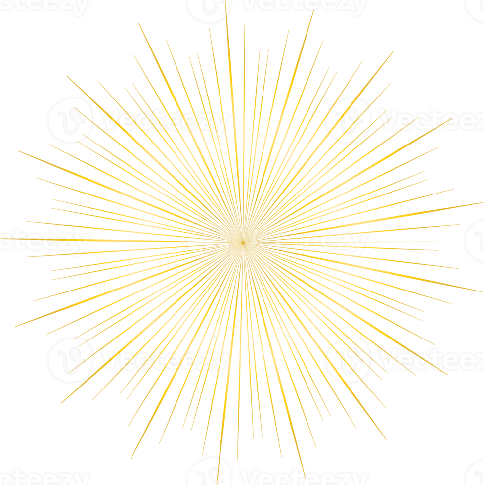 Golden sunburst doodle line art on transparent background. png