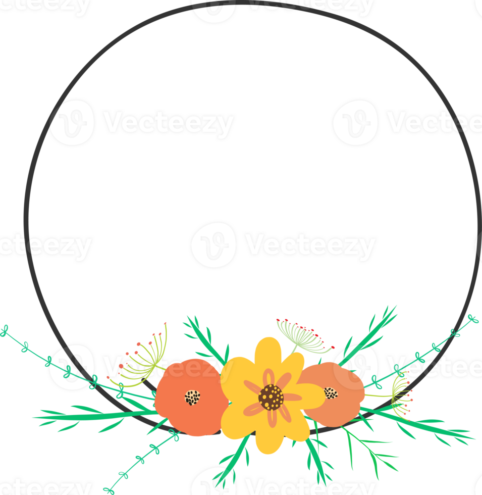 Doodle botanical circle frame on transparent background. png