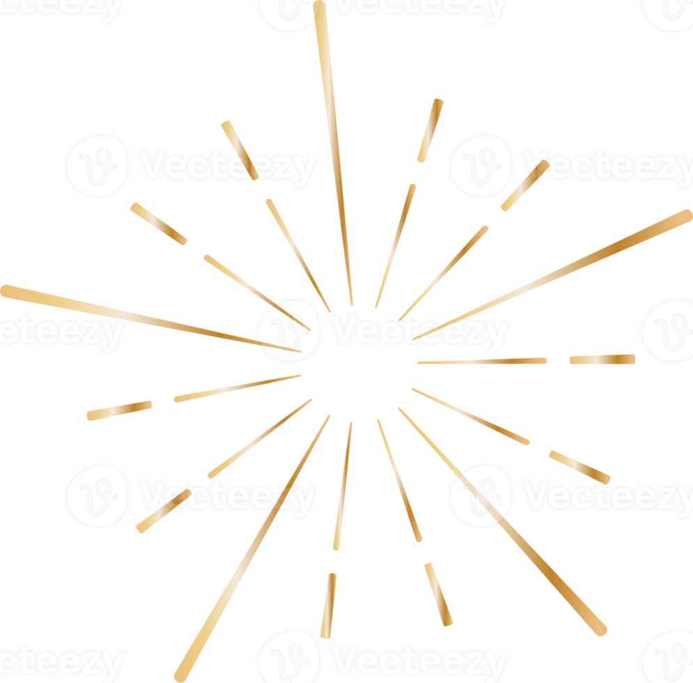 Golden sunburst doodle line art on transparent background. png