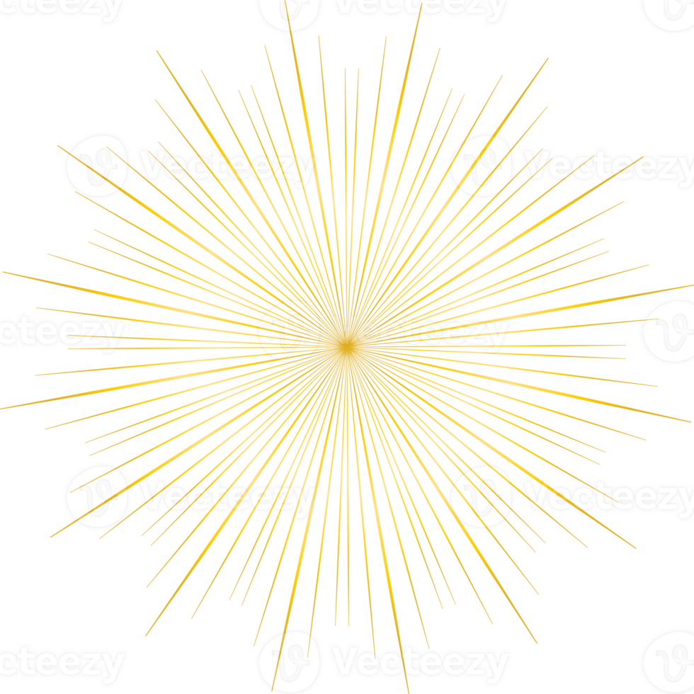 Golden sunburst doodle line art on transparent background. png