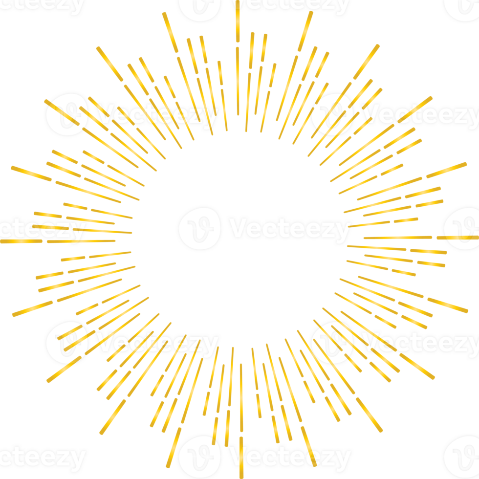 Golden sunburst doodle line art on transparent background. png