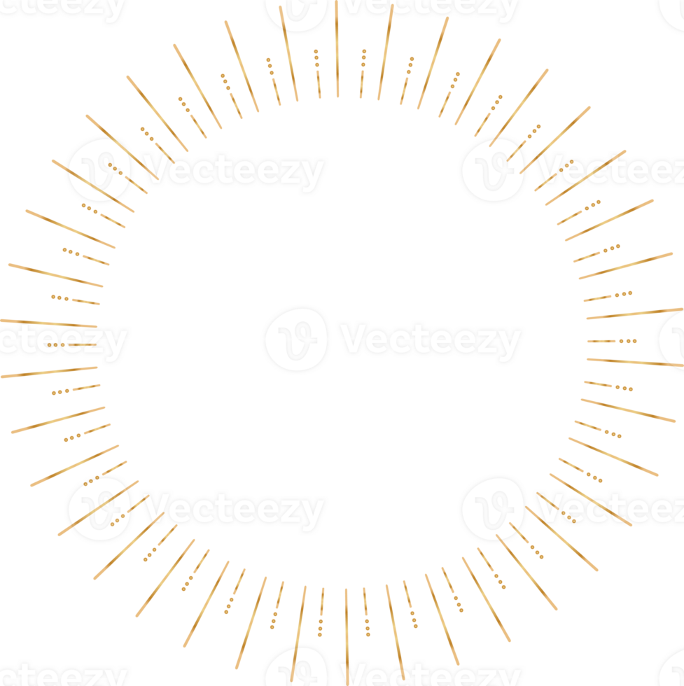 Golden sunburst doodle line art on transparent background. png