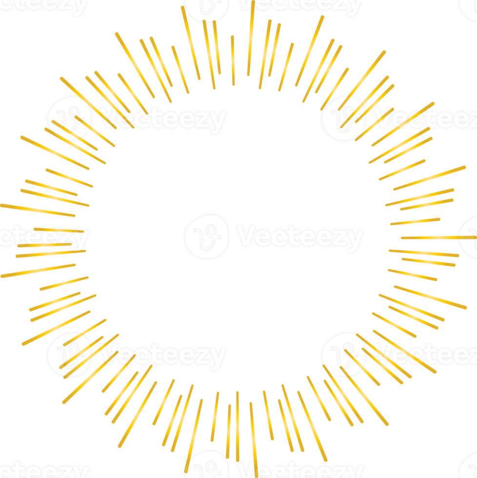 Golden sunburst doodle line art on transparent background. png