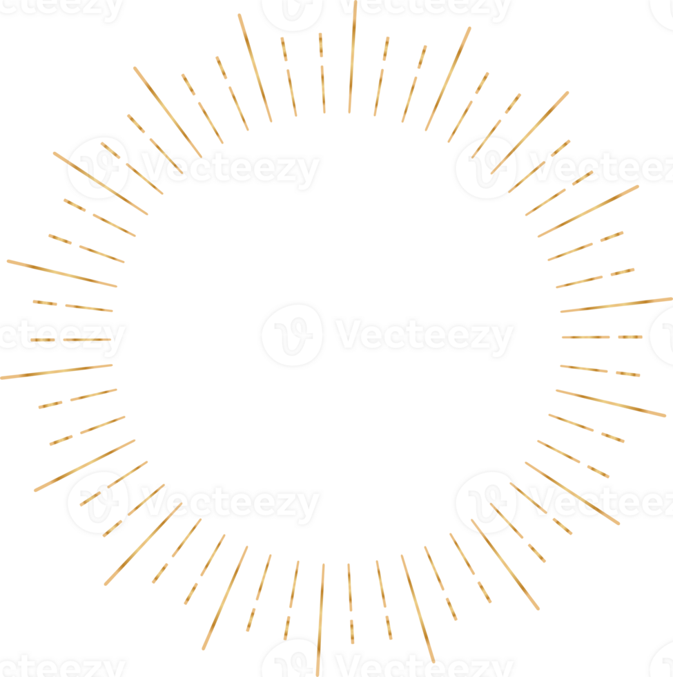 Golden sunburst doodle line art on transparent background. png