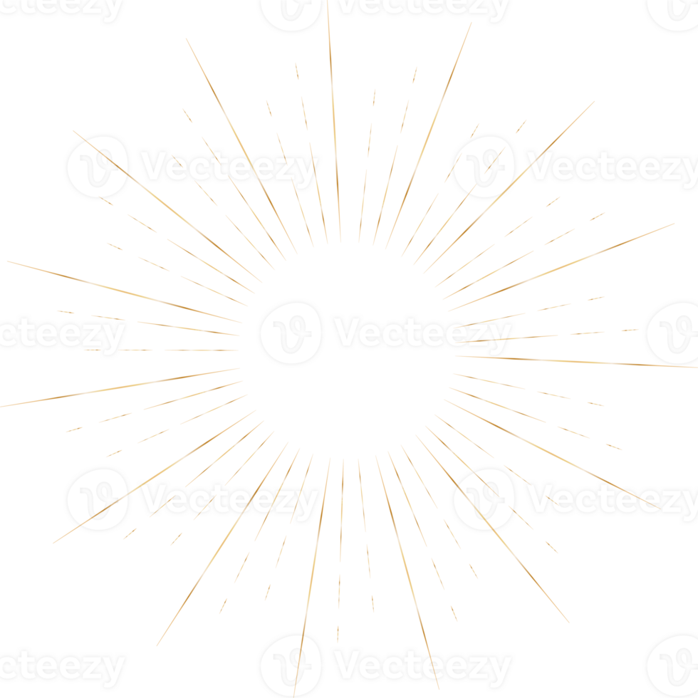 Golden sunburst doodle line art on transparent background. png