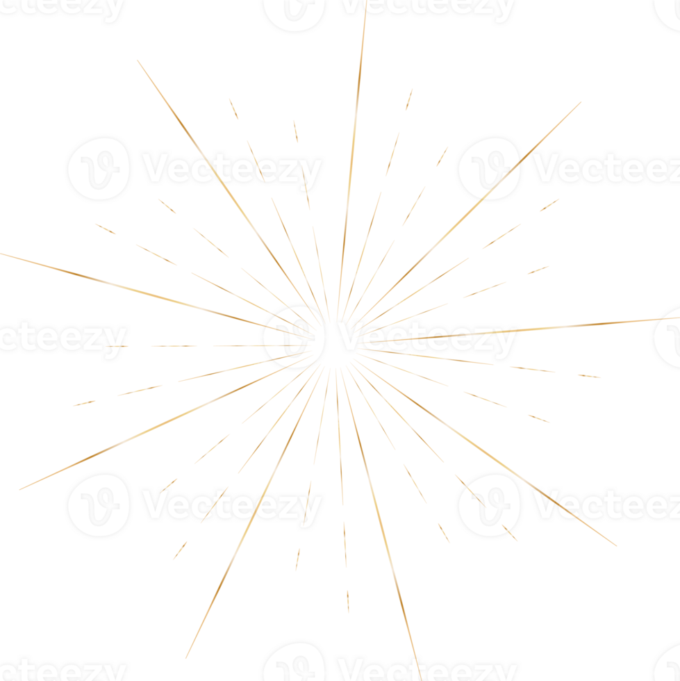 Golden sunburst doodle line art on transparent background. png