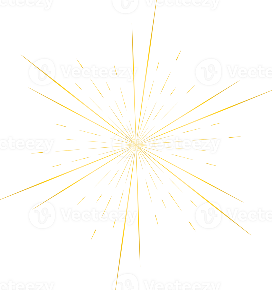 Golden sunburst doodle line art on transparent background. png