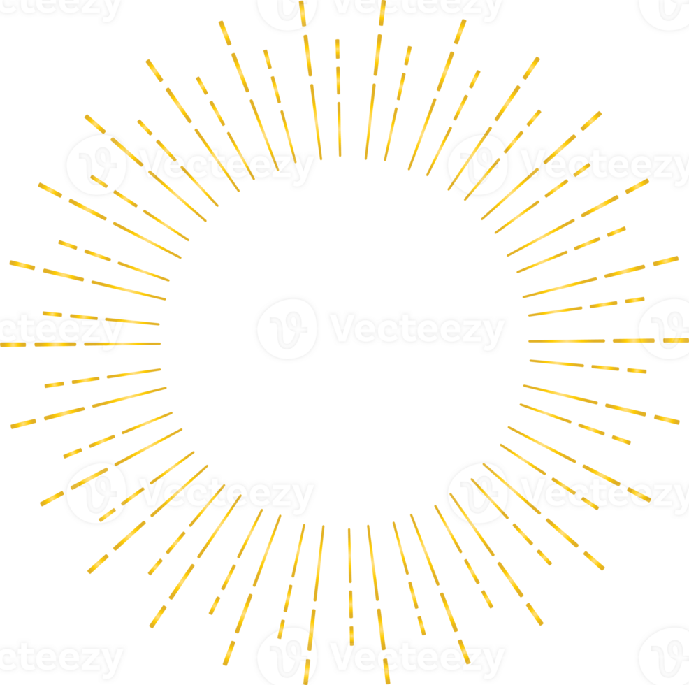 Golden sunburst doodle line art on transparent background. png