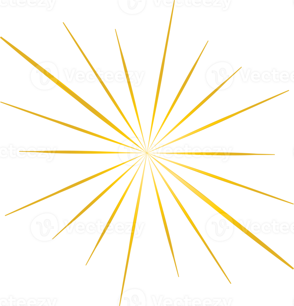 Golden sunburst doodle line art on transparent background. png