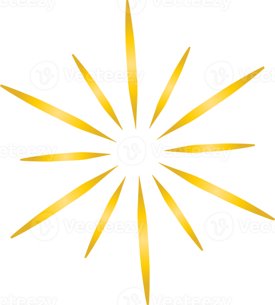 Golden sunburst doodle line art on transparent background. png