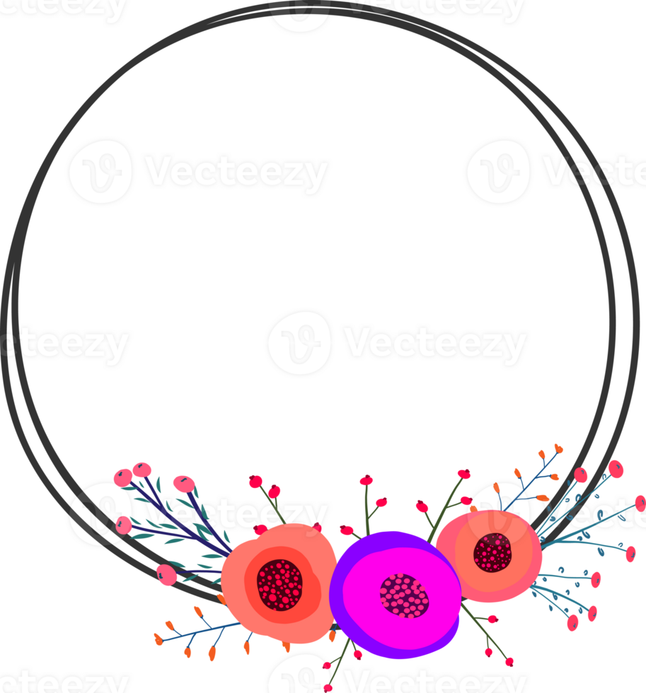 Doodle botanical circle frame on transparent background. png