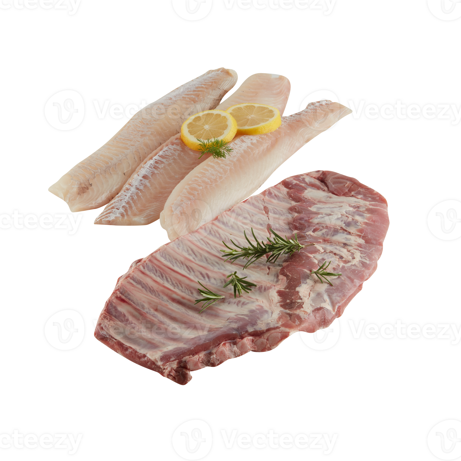 Pork ribs and fresh fish cut out isolated transparent background