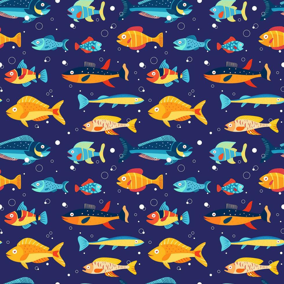 Multicolor marine life background, marine animals for children's textiles and various marine designs. Colorful seamless pattern with sea fish of different colors. vector