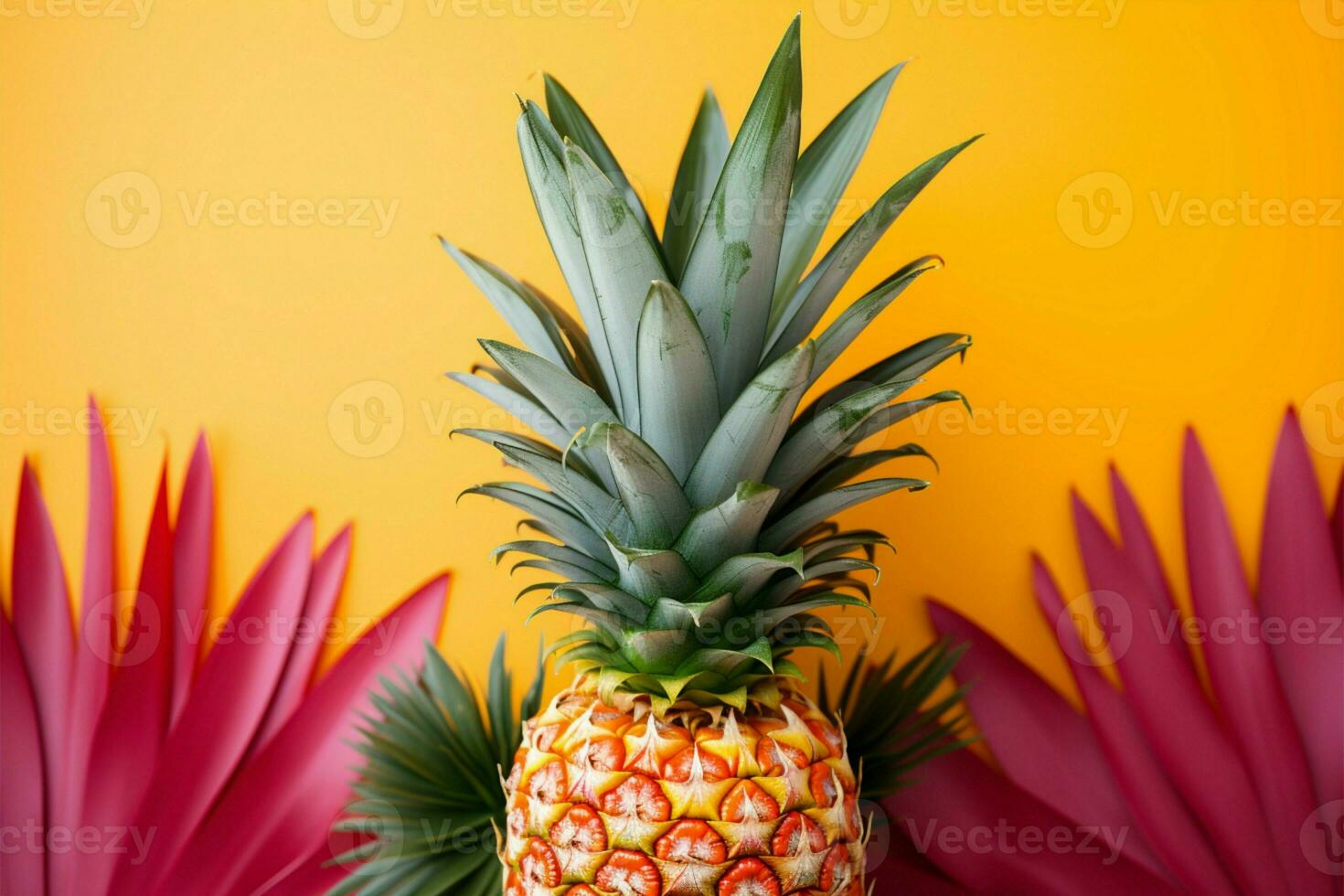 Summers charm Pineapple, tropical leaves on vivid pastel background AI Generated photo