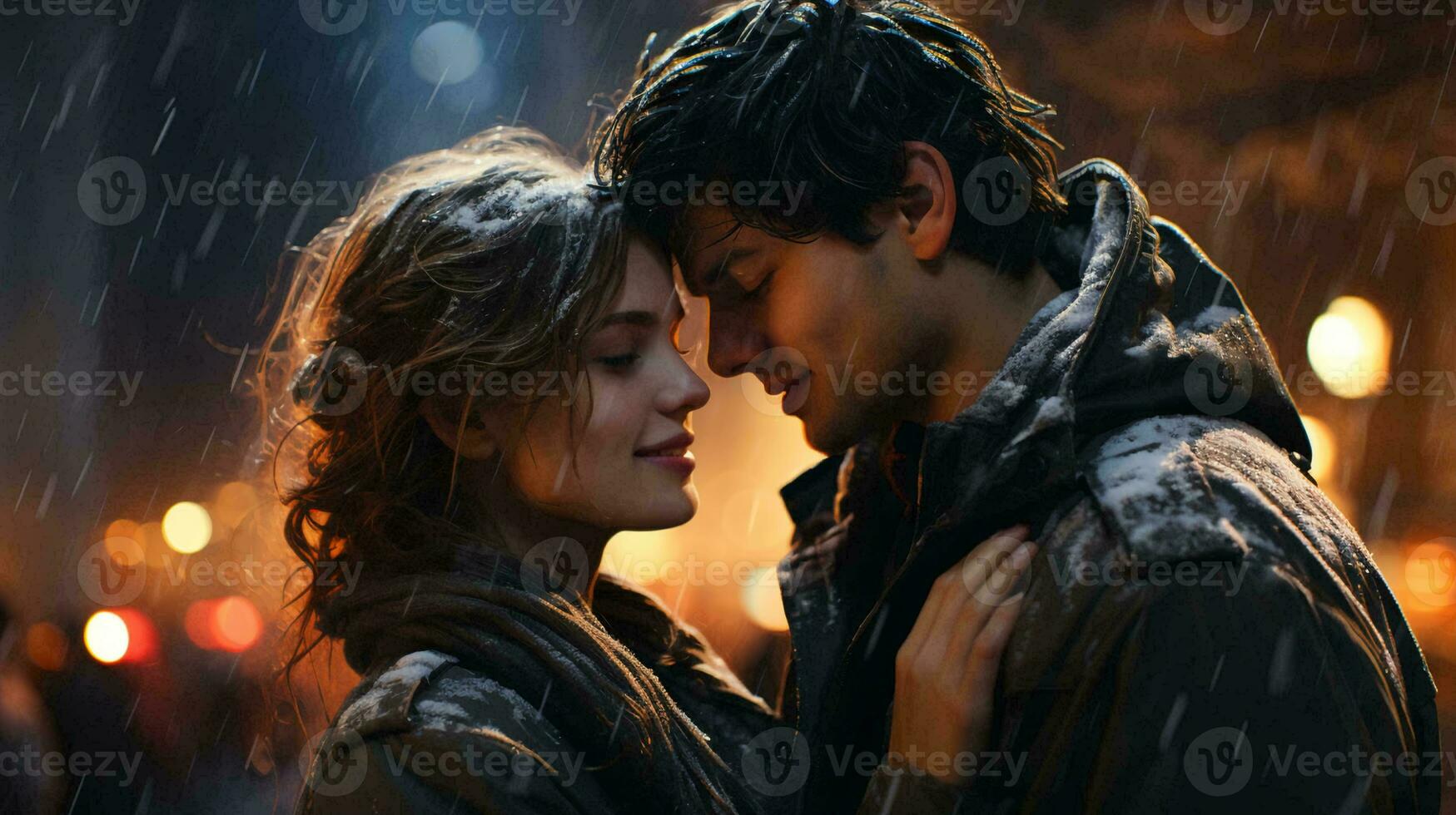 dos amantes hermosa Pareja hombre y mujer abrazando y besos en un romántico noche en el lluvia foto