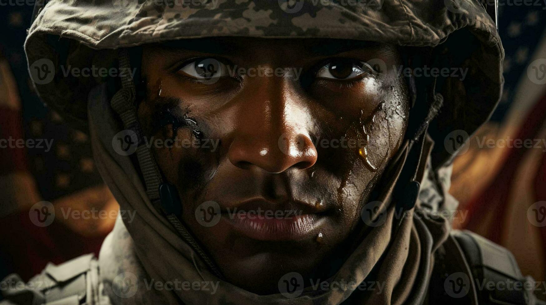 A man American soldier military marine stands against the background of the American flag as a symbol of independence. Face close-up photo