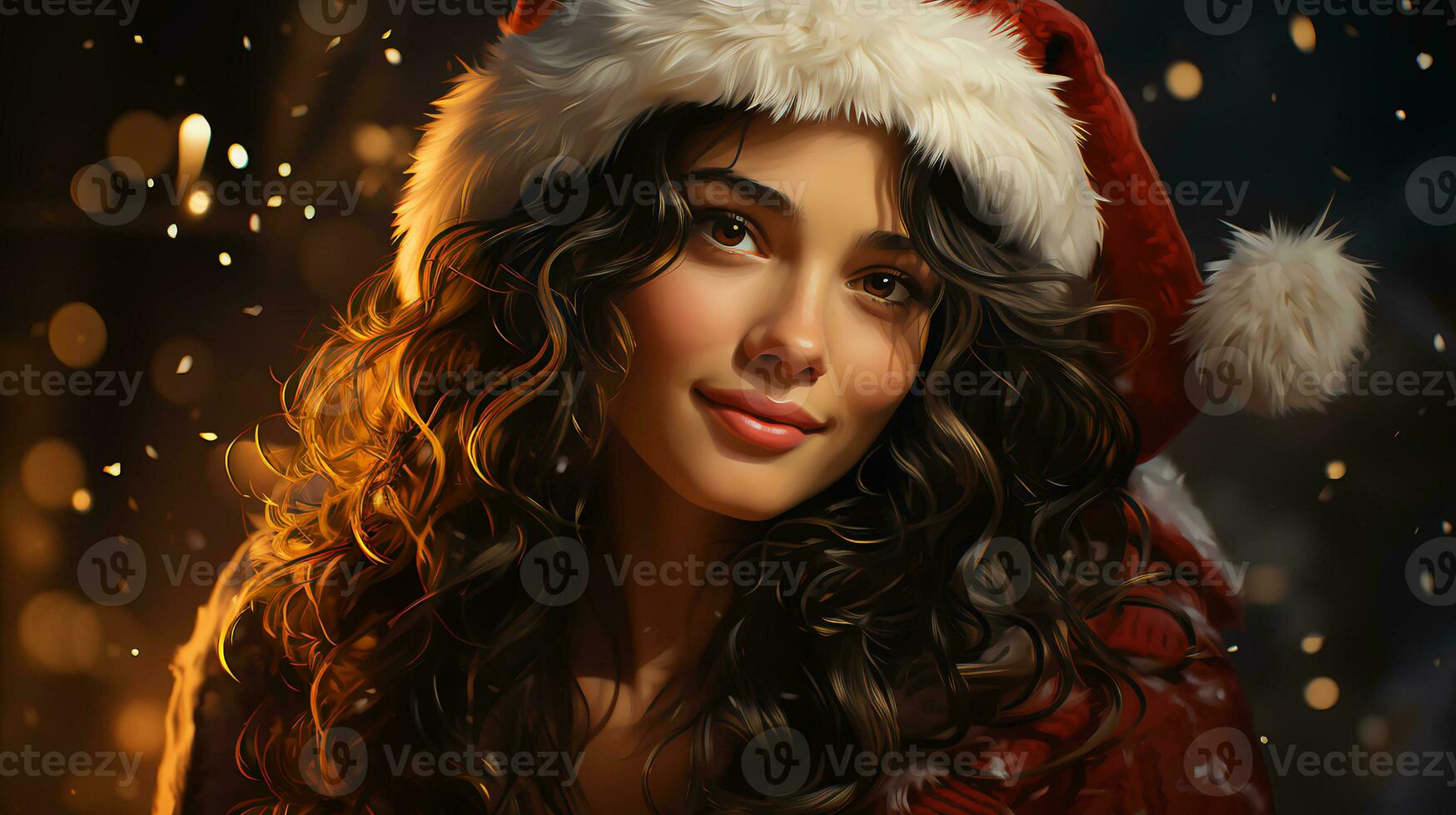 Young beautiful woman in festive santa claus hat for new year and christmas photo