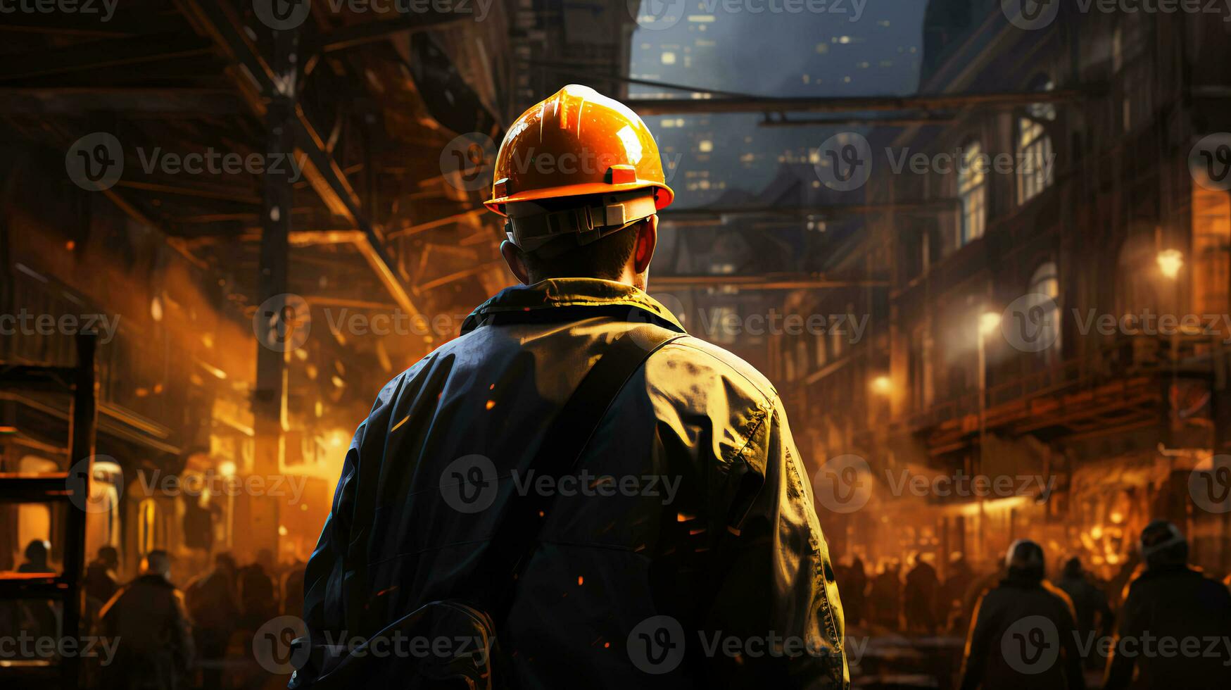 Oil refinery engineer, oil industry worker stands in front of a large chemical plant photo