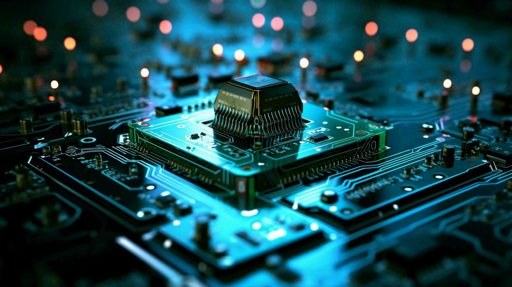 Computer electronic chip with processor, transistors, resistors and microchips. Abstract hi-tech background photo