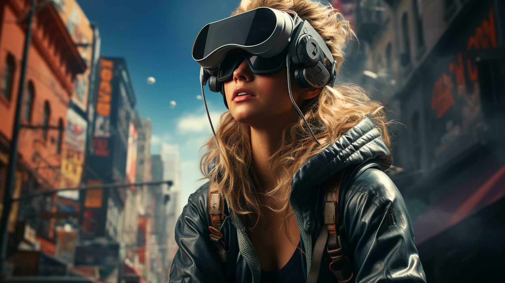 A young girl wearing augmented reality glasses in a computer game in the virtual world photo