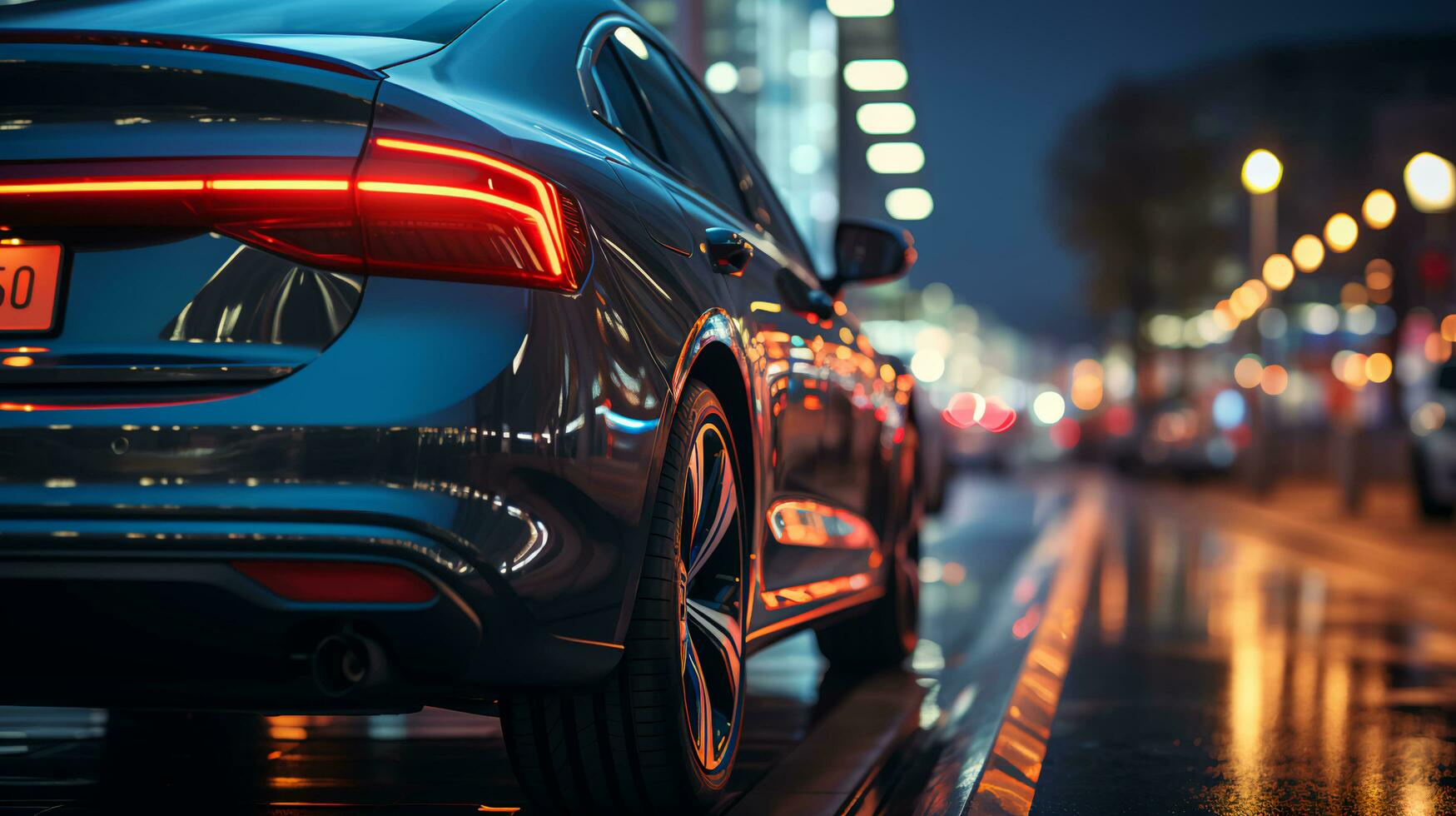 Side view of a car in a big city at sunset photo