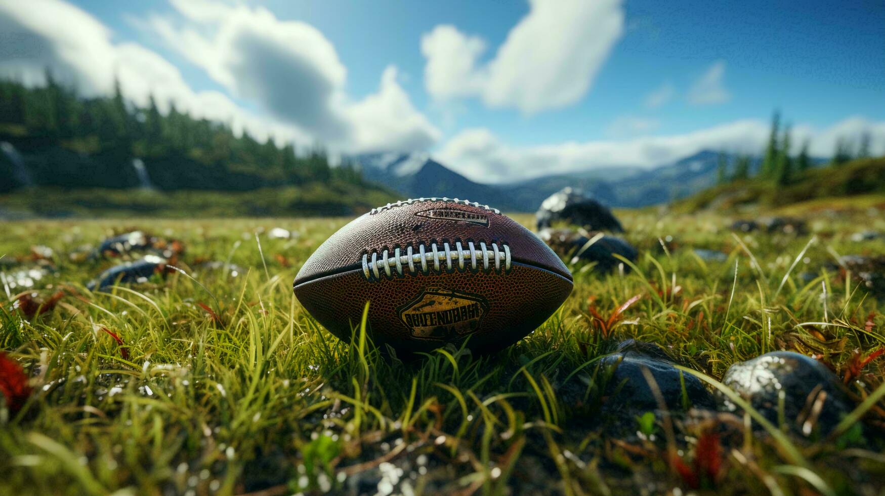 A leather ball for playing American football lies on the playing field photo