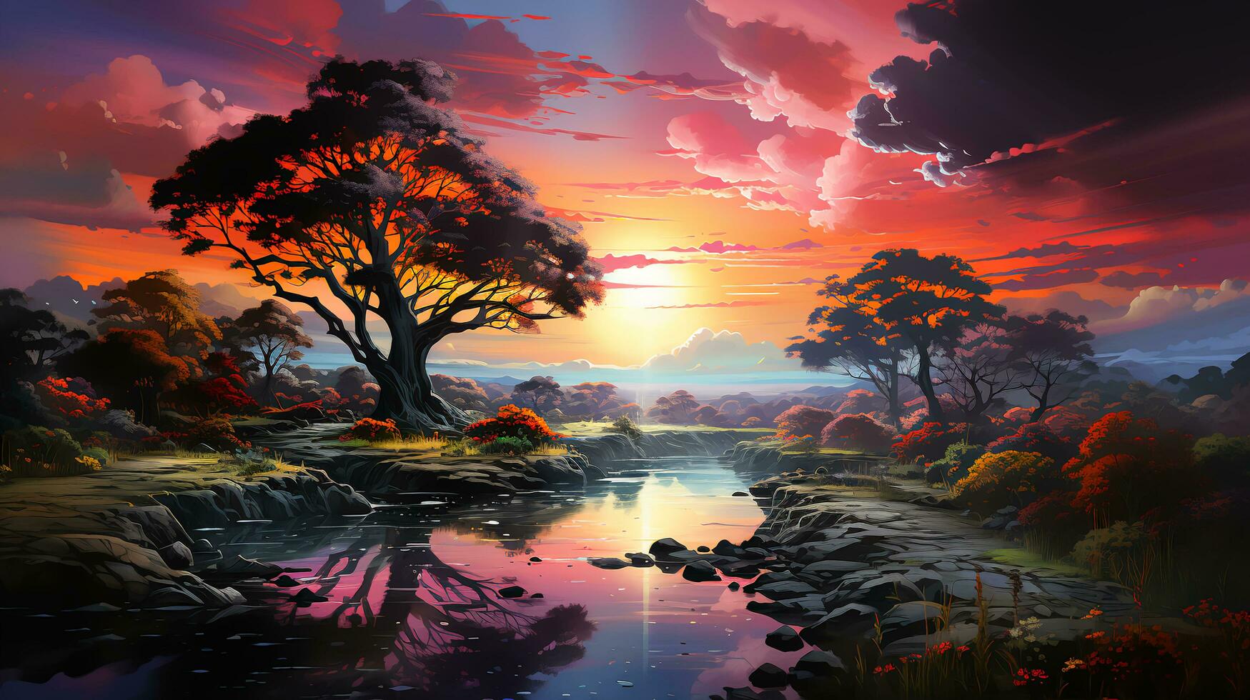 Abstract multi-colored fairy-tale trees against the background of a river and fields at sunset photo